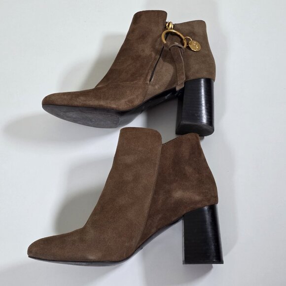See By Chloe Brown Suede Ankle Booties US 8.5 EU 38.5 Spain Stacked Heel Elegant - Picture 9 of 16